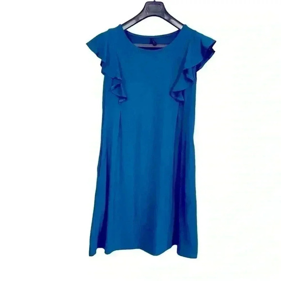 WOOSEA Women's Summer T Shirt Dress Size M/L Teal Ruffle Sleeve Swing Pockets - Picture 6 of 8